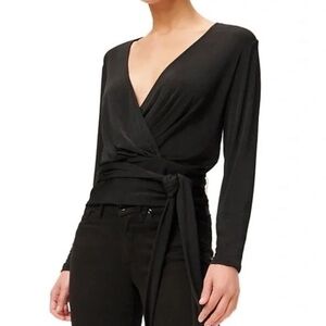 NWT good American black long sleeve wrap top v-cut shimmer stretch small